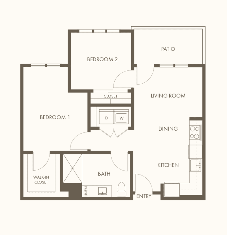 A two-bedroom apartment floor plan showing the arrangement of rooms including a kitchen, office room, living area, and bathroom.