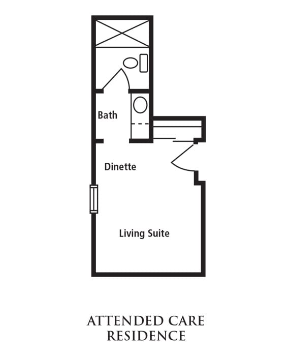 Floor plan of an attended care living suite with a bathroom and dinette.