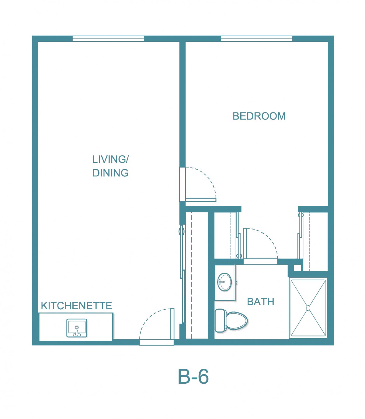 A one-bedroom apartment floor plan featuring living/dining area, kitchen, bathroom, and bedroom.