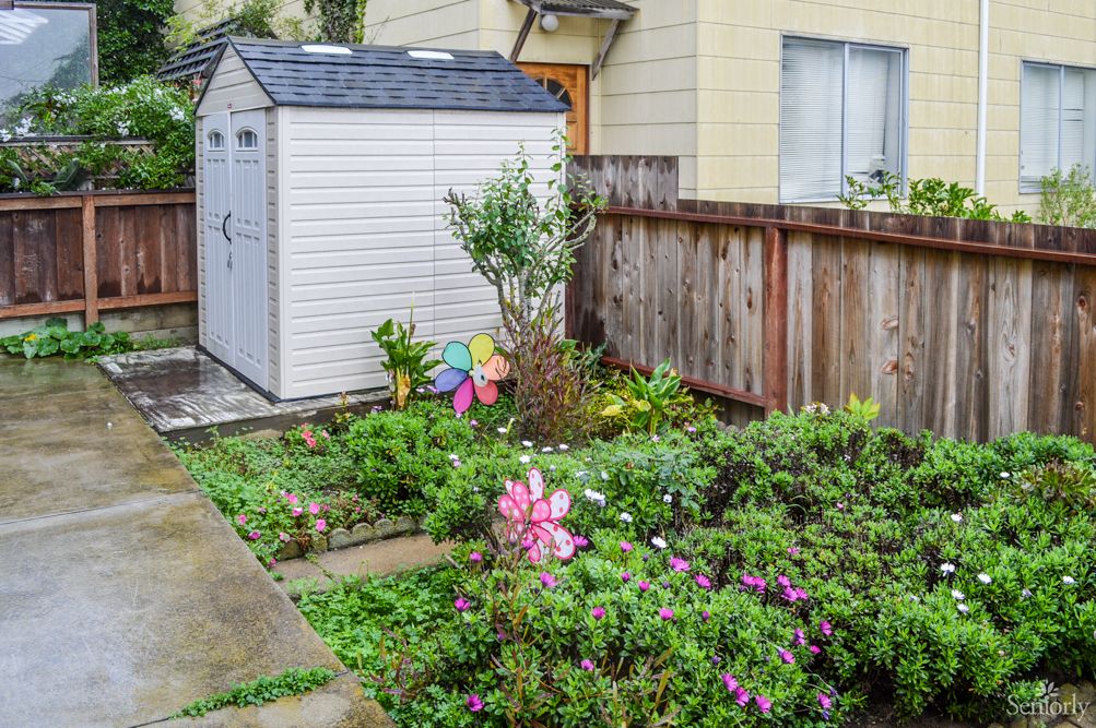 A quaint backyard garden with a white storage shed surrounded by vibrant flowers and plants.