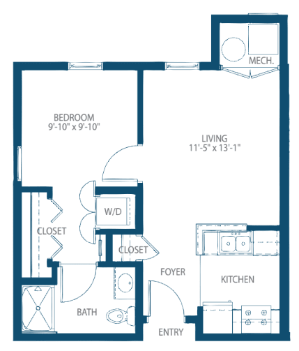 One-bedroom apartment floor plan with living room, kitchen, and bathroom.