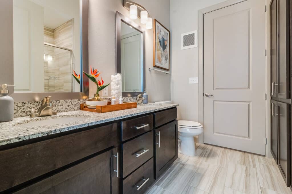 A modern bathroom with a sleek design featuring a granite countertop, stylish vanity, and elegant decor.