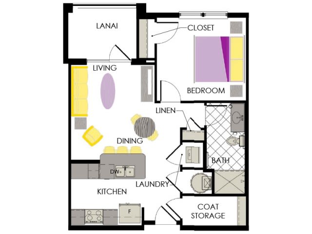 A floor plan of a one-bedroom apartment including kitchen, dining, living areas, bathroom, laundry, and lanai.