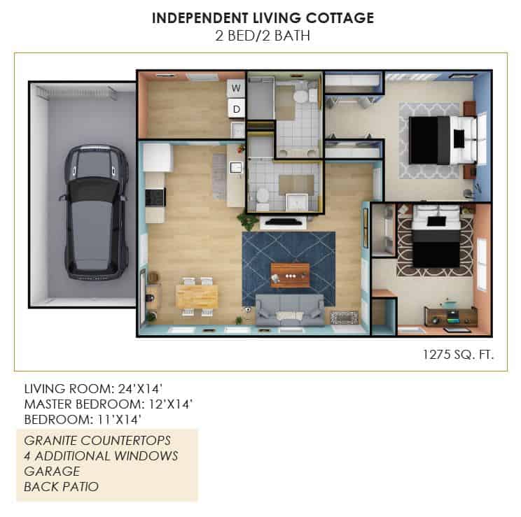 Floor plan of a two-bedroom, two-bathroom cottage with garage.