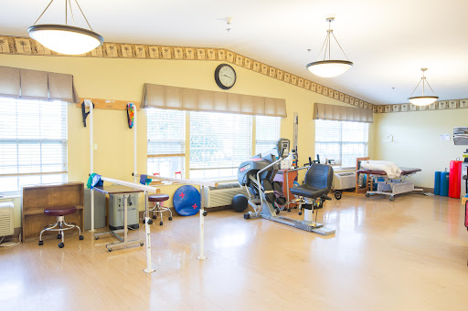 A well-lit therapy room equipped with various exercise machines and tools for rehabilitation.