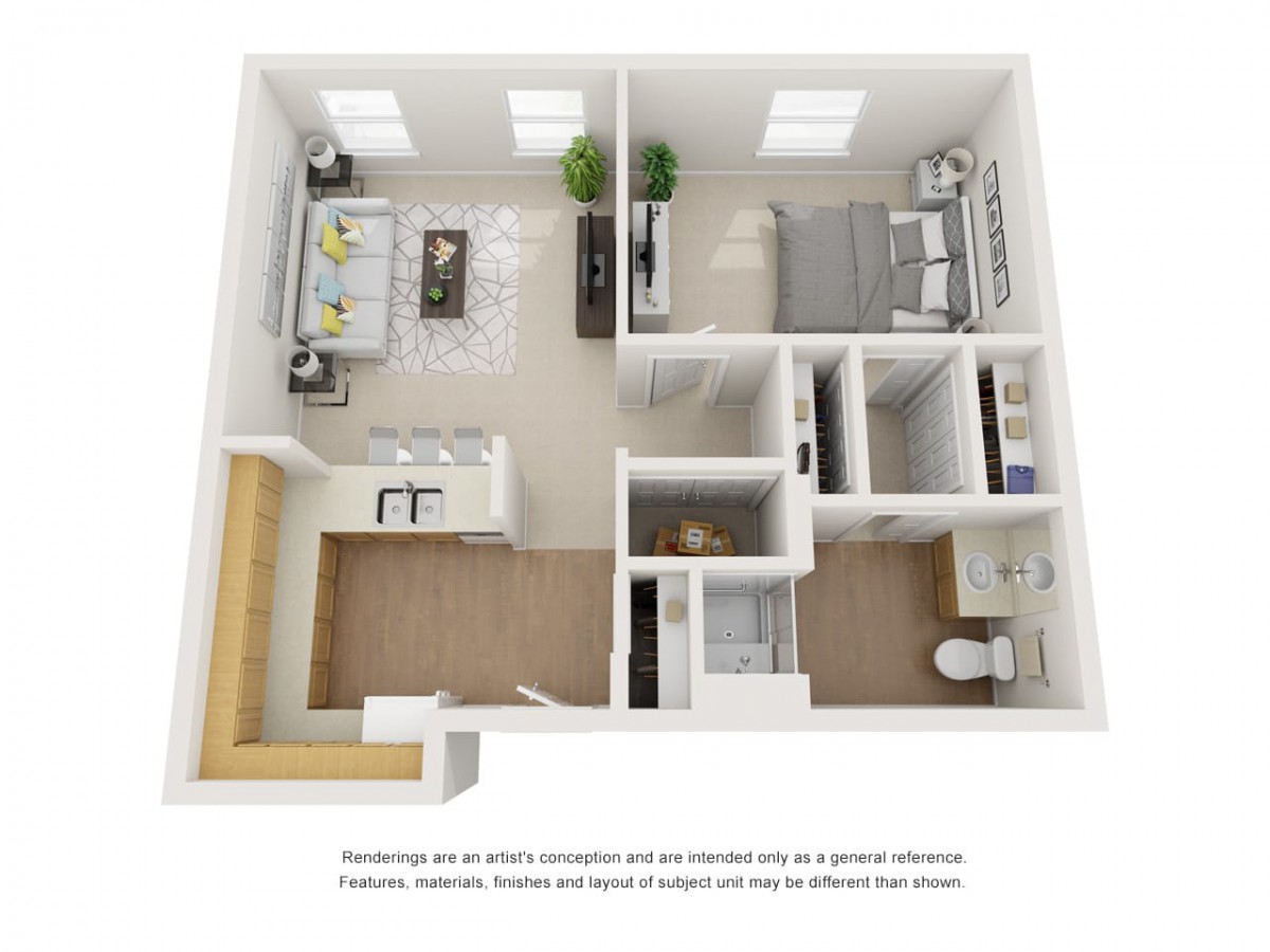 A 3D floor plan of a one-bedroom apartment with designated living room, kitchen, bedroom, and bathroom areas.