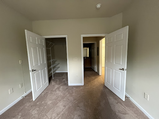 A view of an empty room featuring two open doors, soft carpet, and neutral-colored walls.