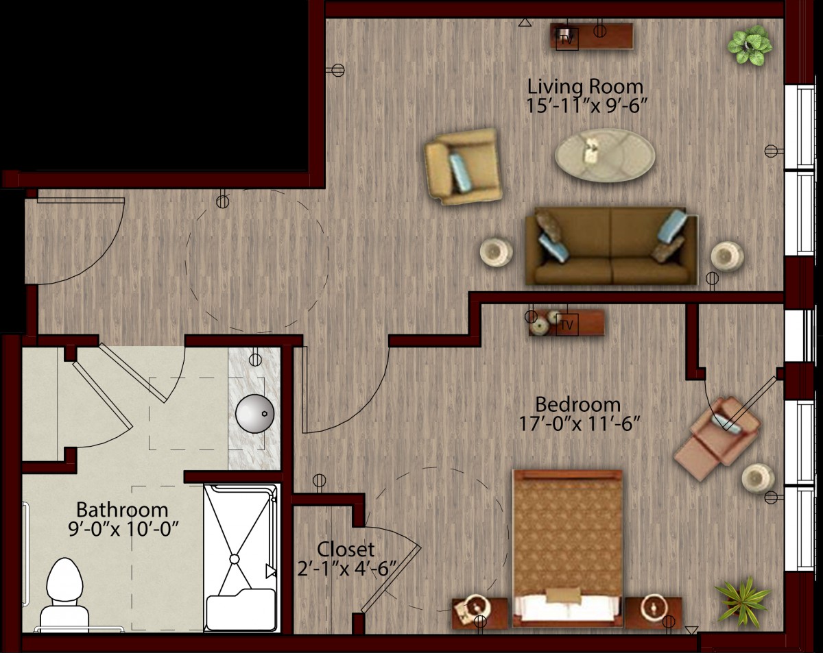 A detailed floor plan of a one-bedroom apartment, featuring a living room, bathroom, and closet.