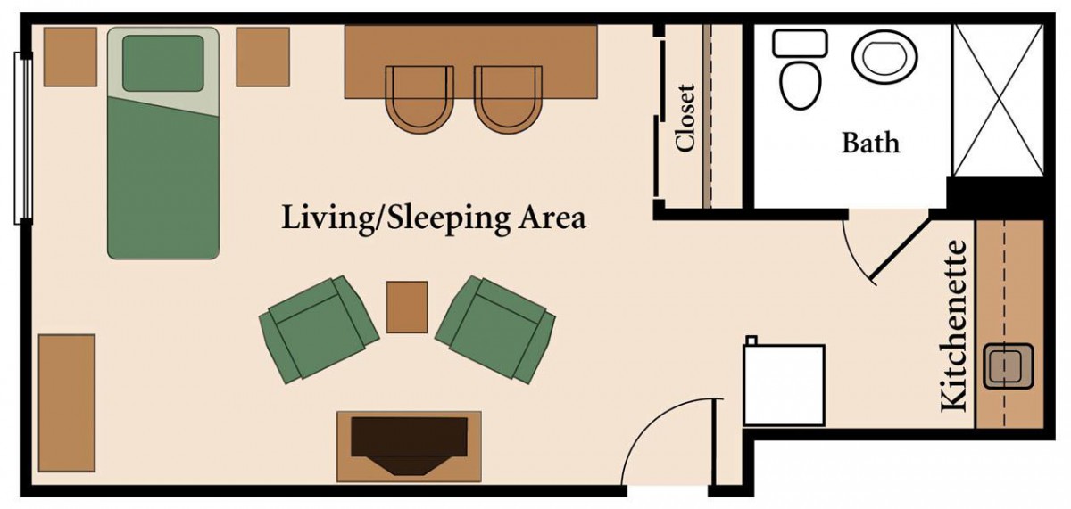 A floor plan of a studio apartment showing the living/sleeping area, kitchen, closet, and bathroom.