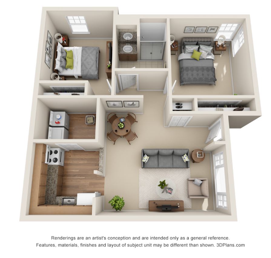 A 3D floor plan of a two-bedroom apartment including a living room, kitchen, and bathroom.