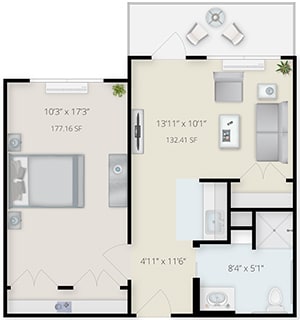A one-bedroom apartment floor plan featuring a living room, kitchen, bathroom, and patio.