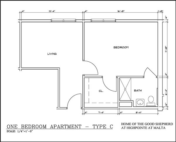 A floor plan of a one-bedroom apartment, labeled as Type C.
