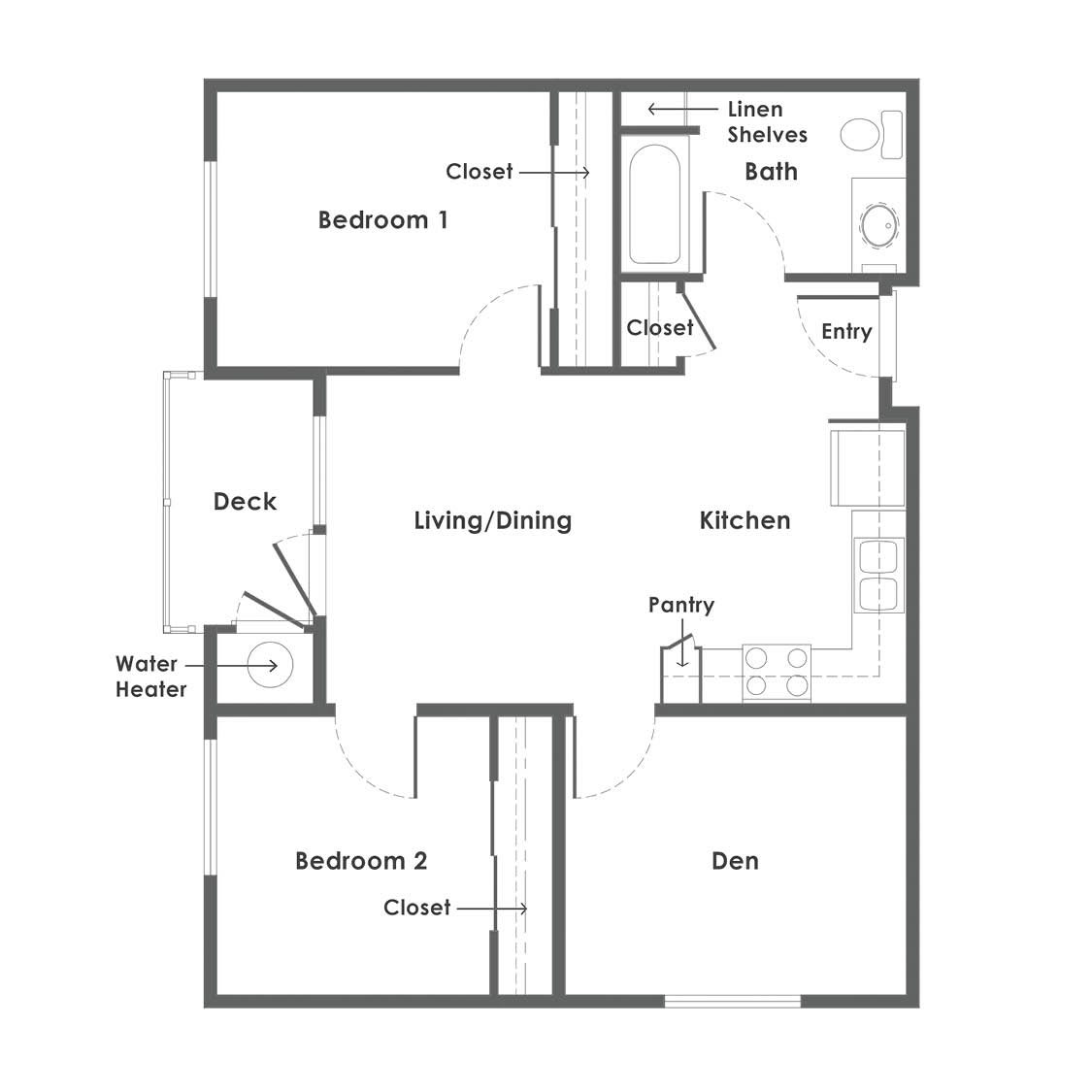 A floor plan showing the layout of a two-bedroom apartment.