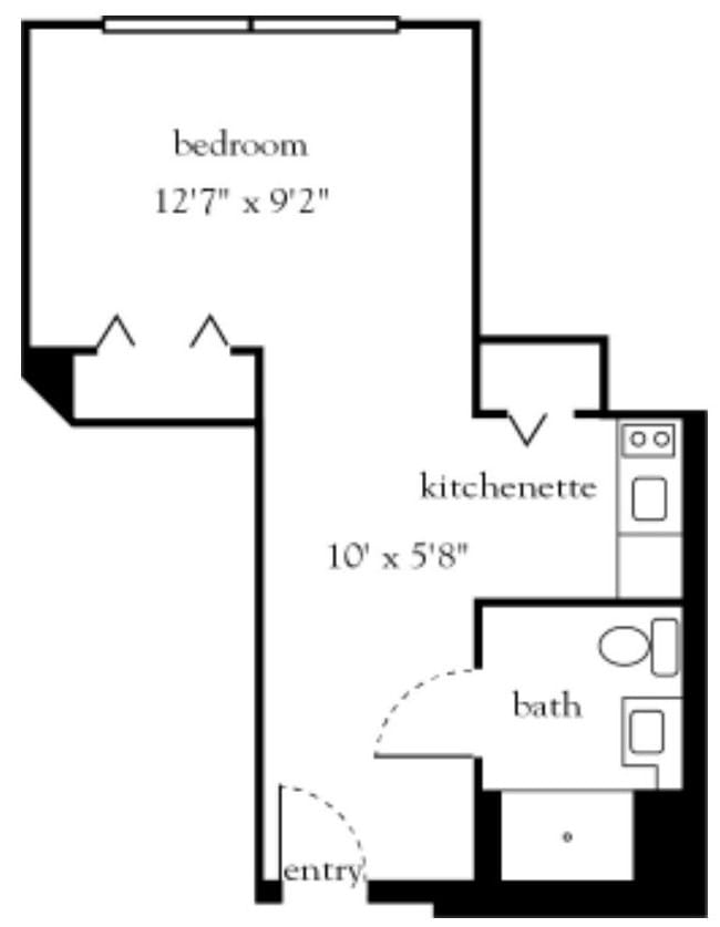 Floor plan of a studio apartment with a bedroom, kitchenette, and bathroom.