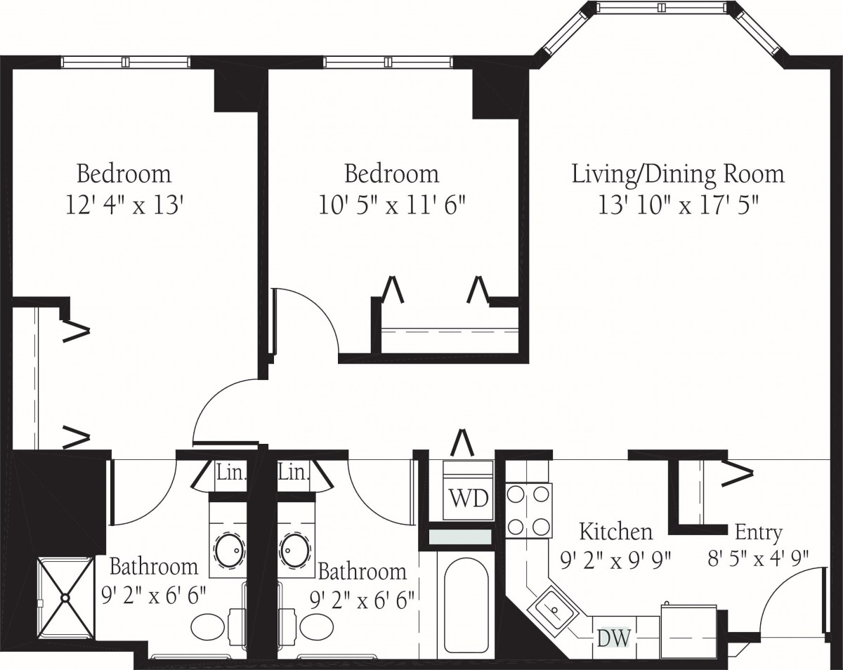 A floor plan of an apartment featuring two bedrooms, two bathrooms, a kitchen, and a living/dining area.