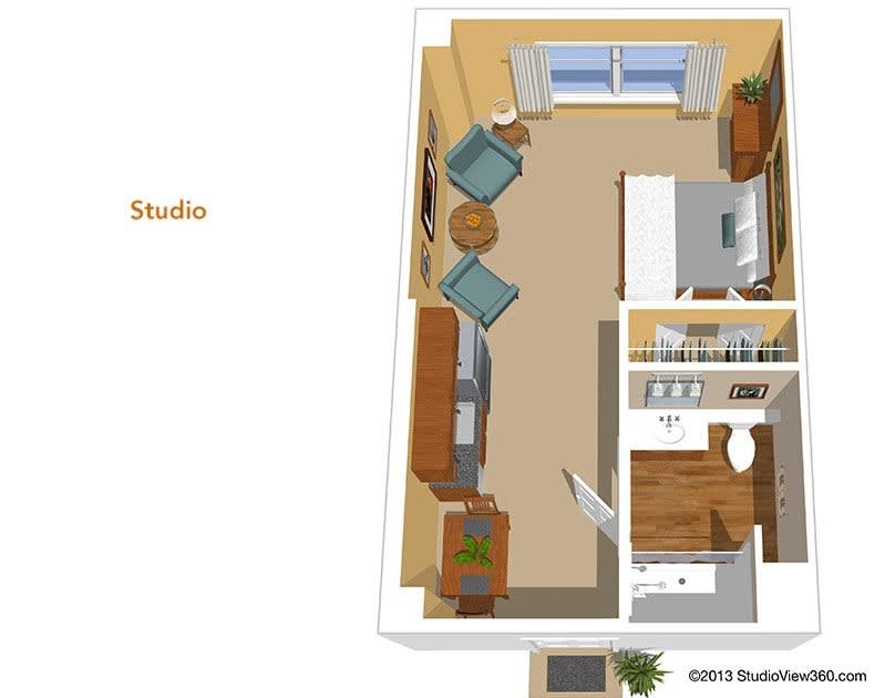 A 3D floor plan of a studio apartment showing the layout of living and kitchen areas.