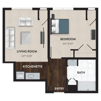 A simple one-bedroom apartment floor plan with a living room, kitchenette, and bathroom.