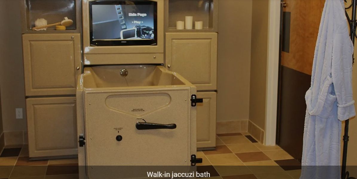 A modern bathroom featuring a walk-in jacuzzi bath.