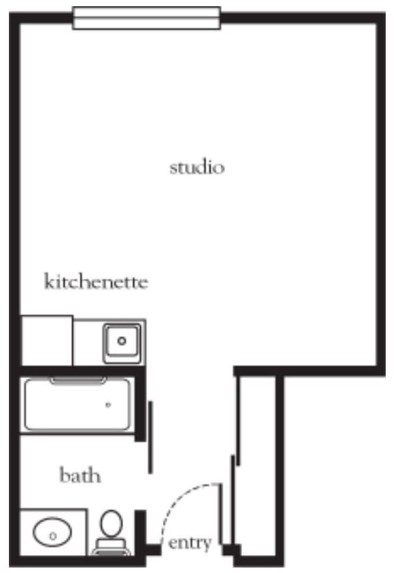 A simple floor plan of a studio apartment with a kitchenette and bathroom.