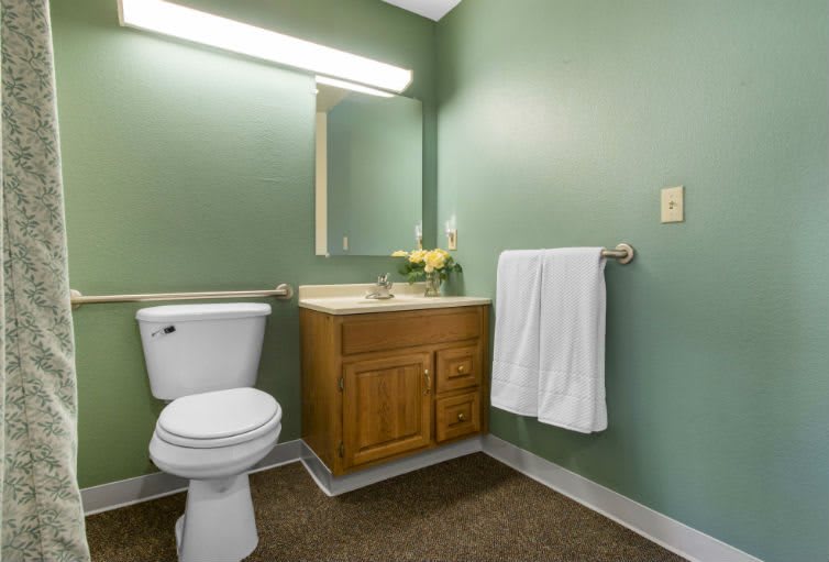 A clean and simple bathroom with green walls, featuring a toilet, sink, mirror, towel rack, and wooden cabinet.
