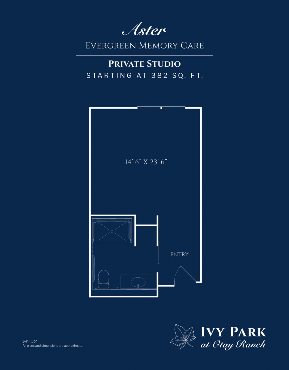 Blueprint of a private studio layout highlighting its dimensions.