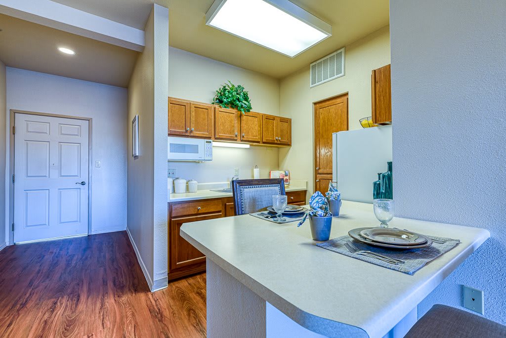 A modern kitchen with a bar counter and wood flooring in an apartment setting.