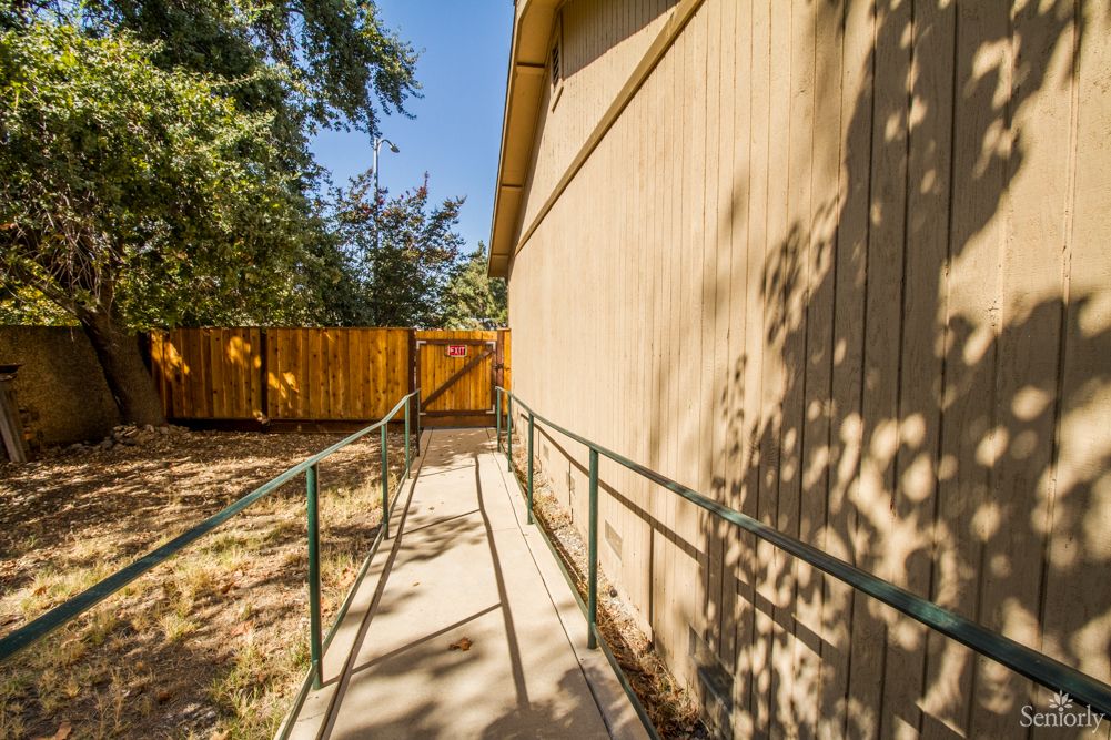 An outdoor ramp with handrails leading to a fenced area, surrounded by trees and sunlight.