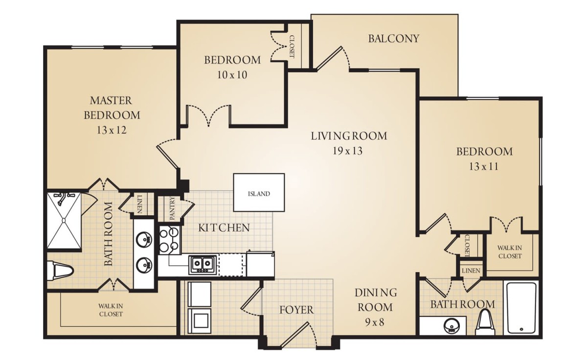 A two-bedroom apartment floor plan with a balcony, kitchen, living room, dining room, and bathroom.