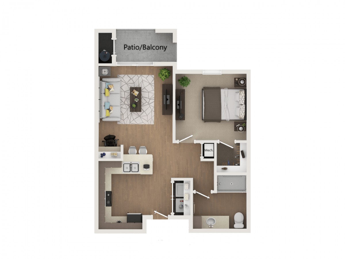 A detailed floor plan of a one-bedroom apartment featuring a patio, kitchen, living area, bedroom, and bathroom.
