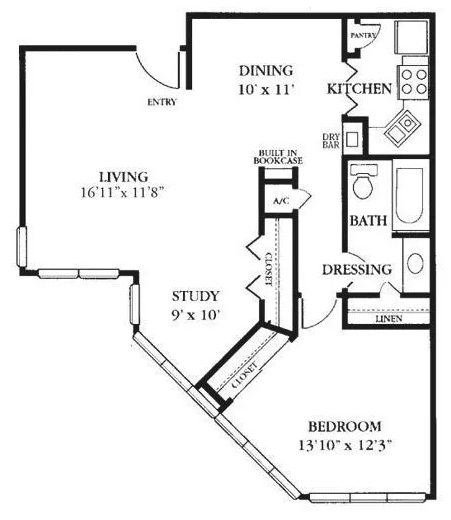 A detailed floor plan of a one-bedroom apartment with a study, living room, dining area, kitchen, bathroom, and balcony.