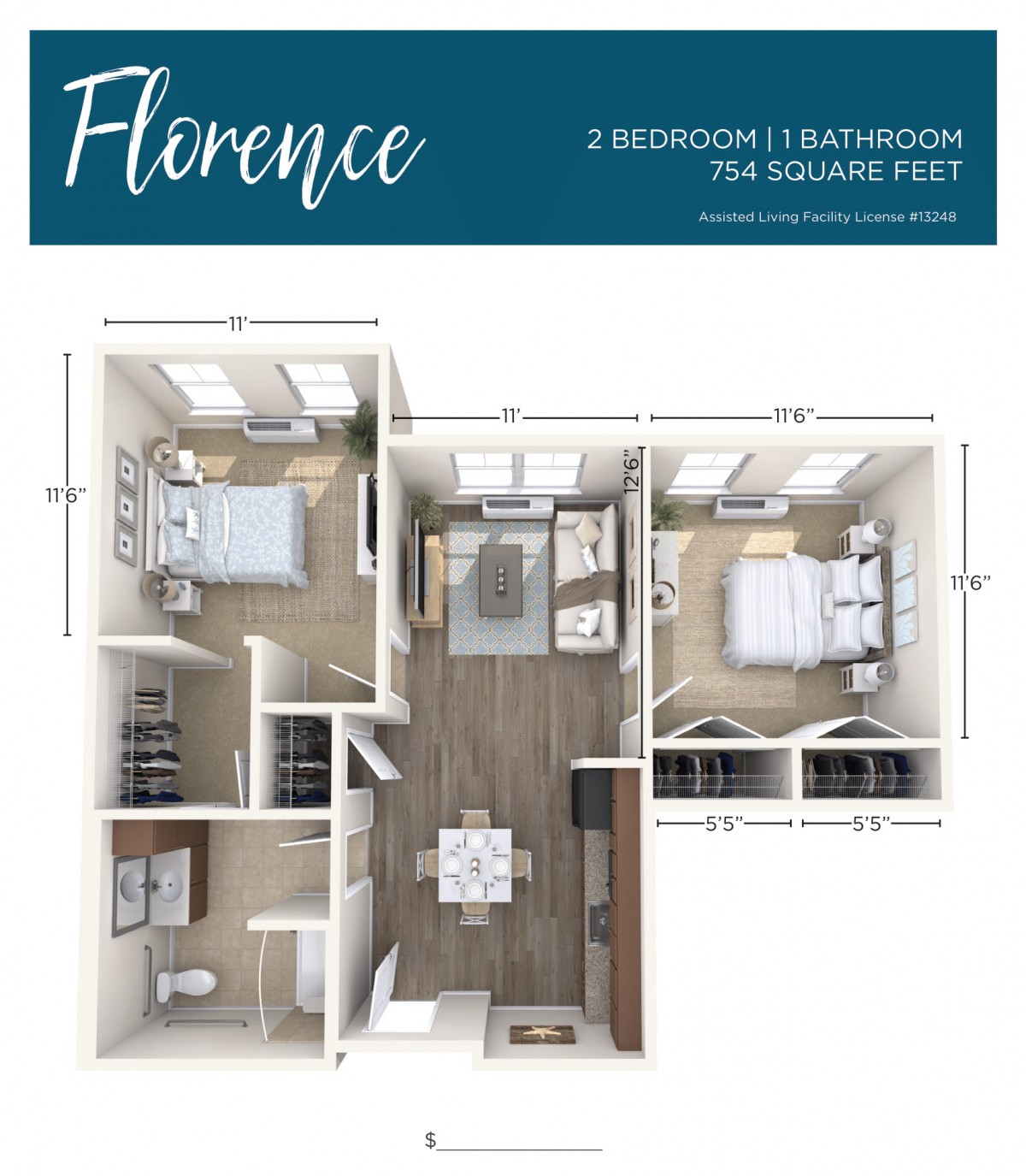 Floor plan of a 'Florence' model apartment featuring two bedrooms and one bathroom.