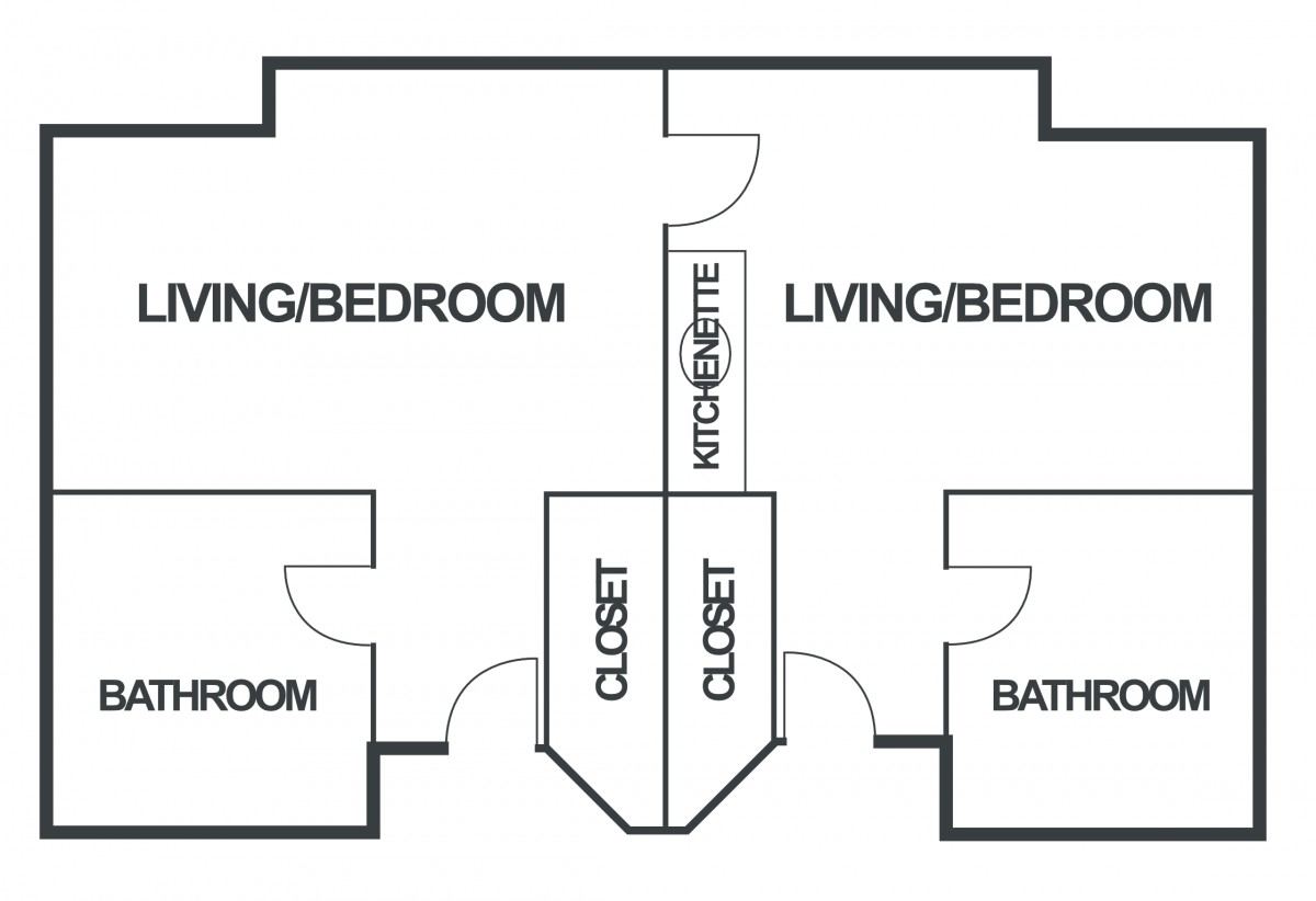 Floor plan of a two-room apartment with living/bedroom areas, a bathroom, kitchenette, and closets.