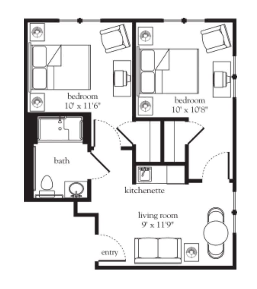 A two-bedroom apartment floor plan including a bathroom, kitchenette, and living room.