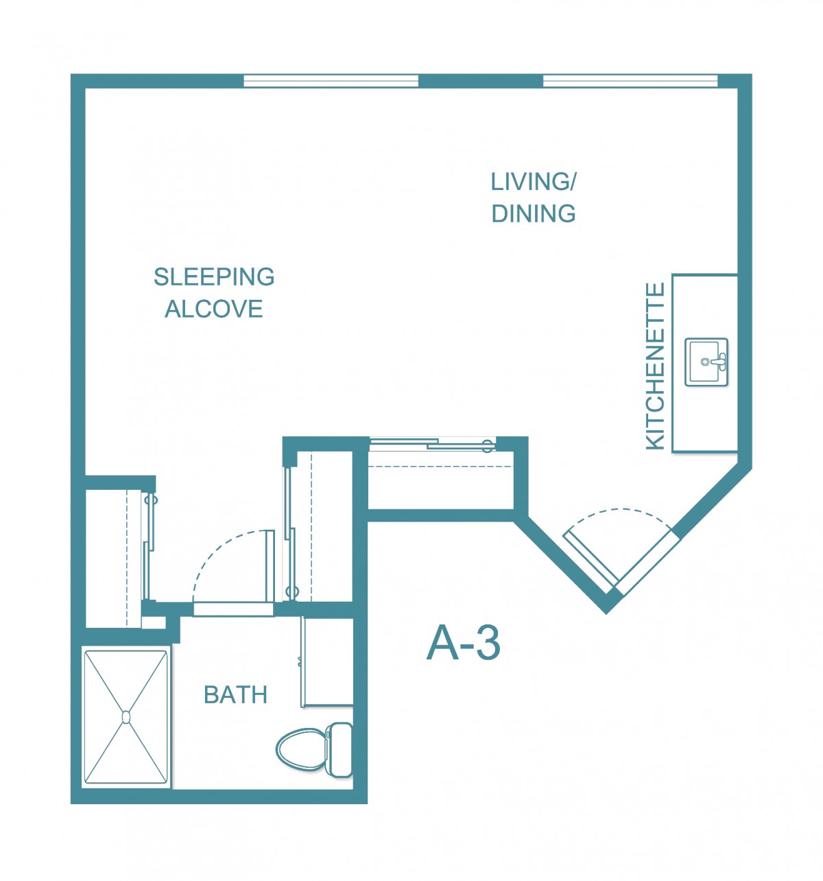 A floor plan of a studio apartment featuring a living/dining area, sleeping alcove, kitchenette, and bathroom.