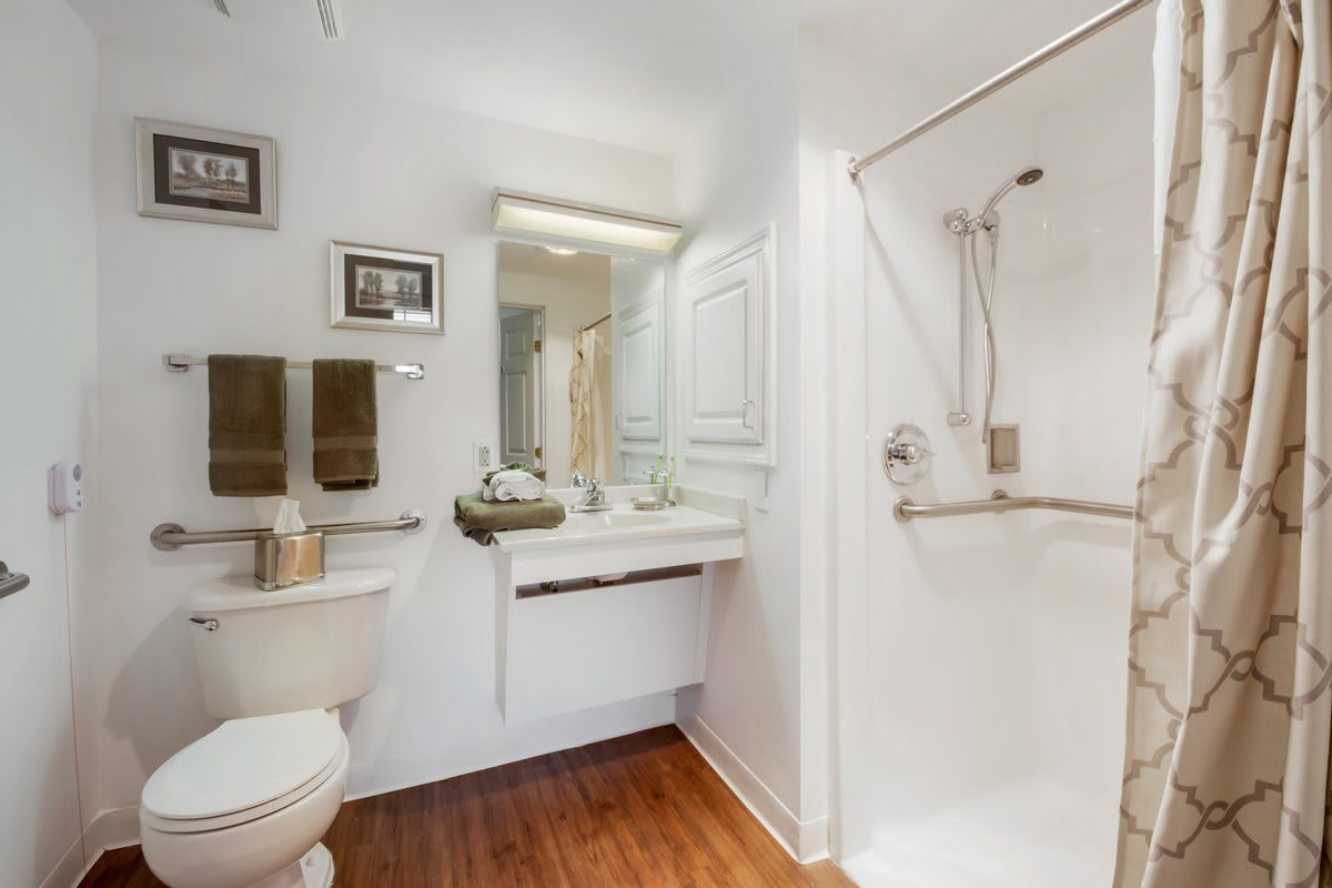 A modern bathroom with white walls, featuring a shower area, sink, toilet, and a large mirror.