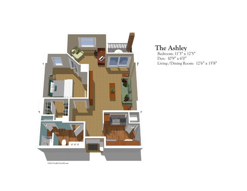 3D floor plan of 'The Ashley' apartment, featuring living and dining areas.
