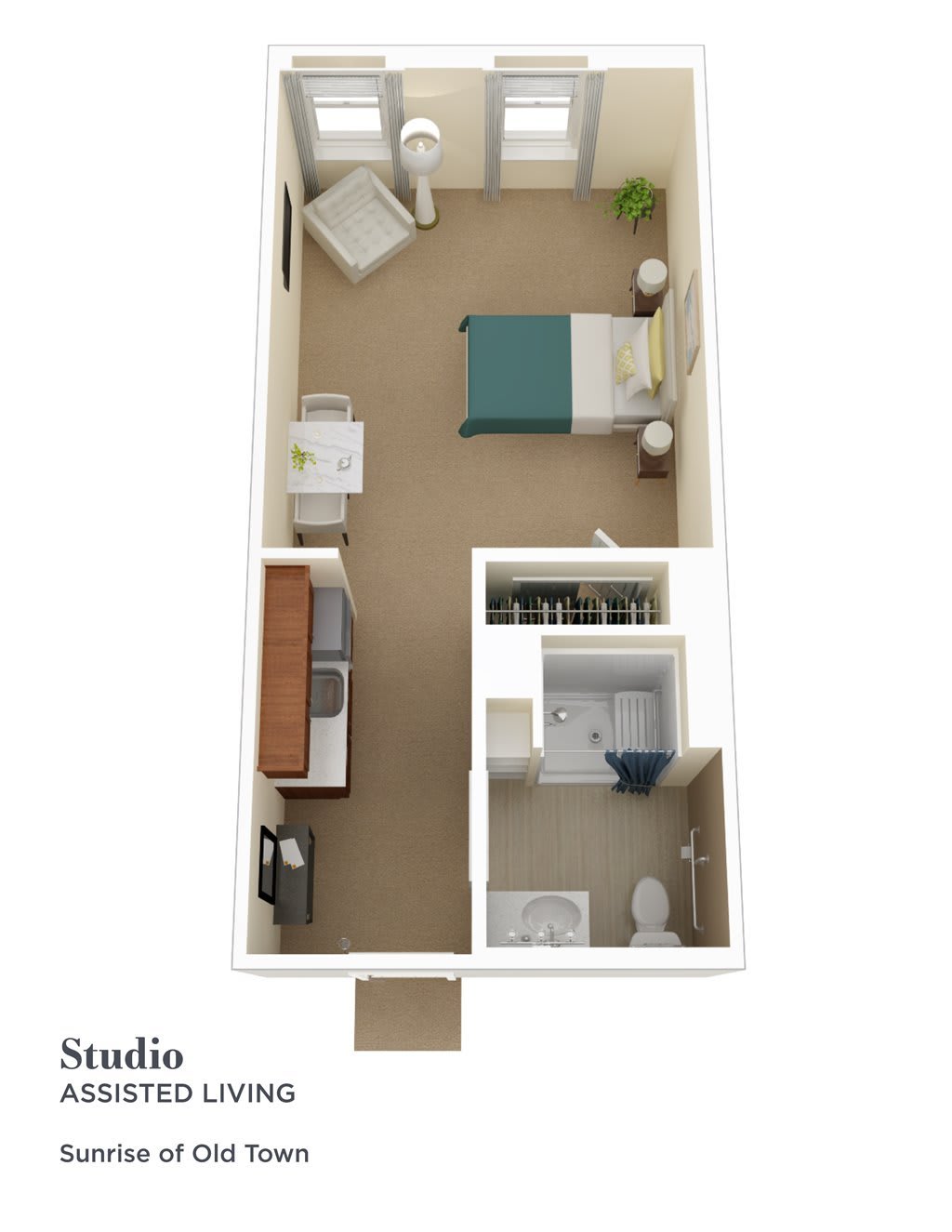 A floor plan of a studio apartment, showcasing the layout and interior design.