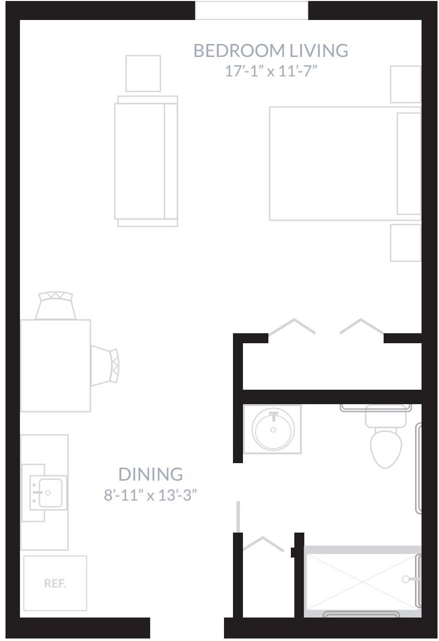 A simple floor plan illustrating the layout of a space, including rooms and essential furniture.