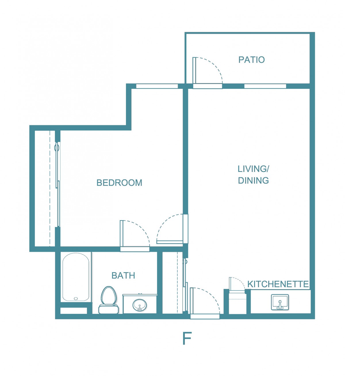 A floor plan of a one-bedroom apartment featuring a living/dining area, kitchen, bathroom, and patio.