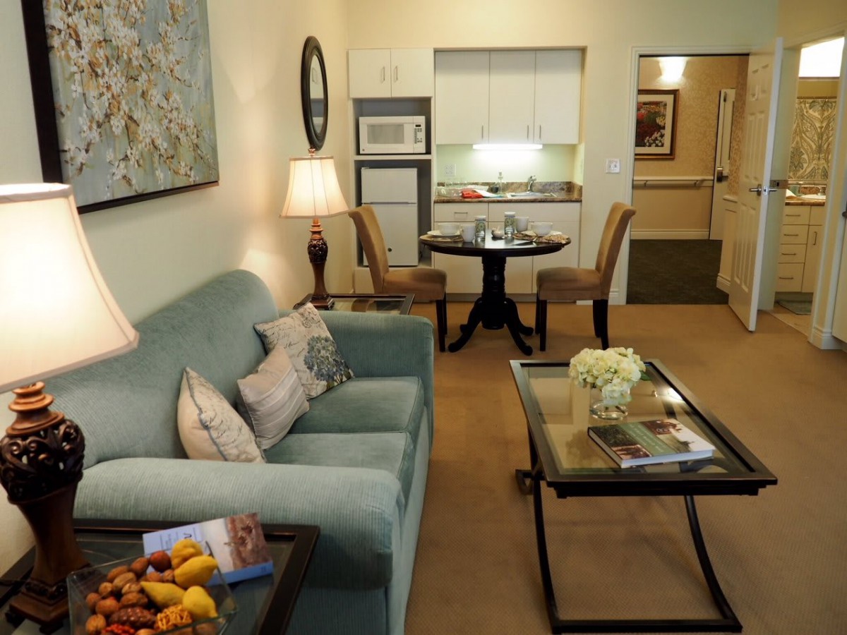 Cozy living room with a sofa, table, and kitchenette.
