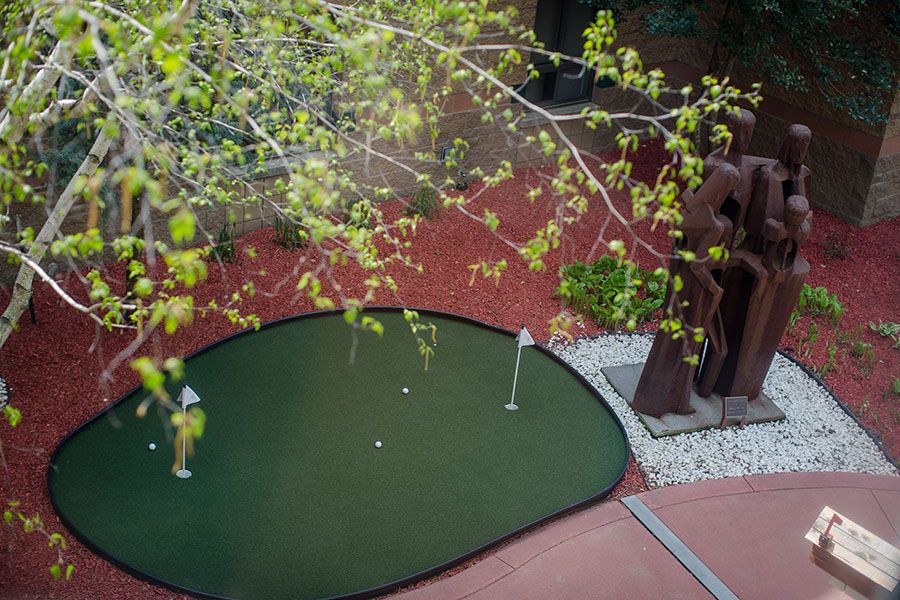 A small outdoor putting green surrounded by greenery and trees.