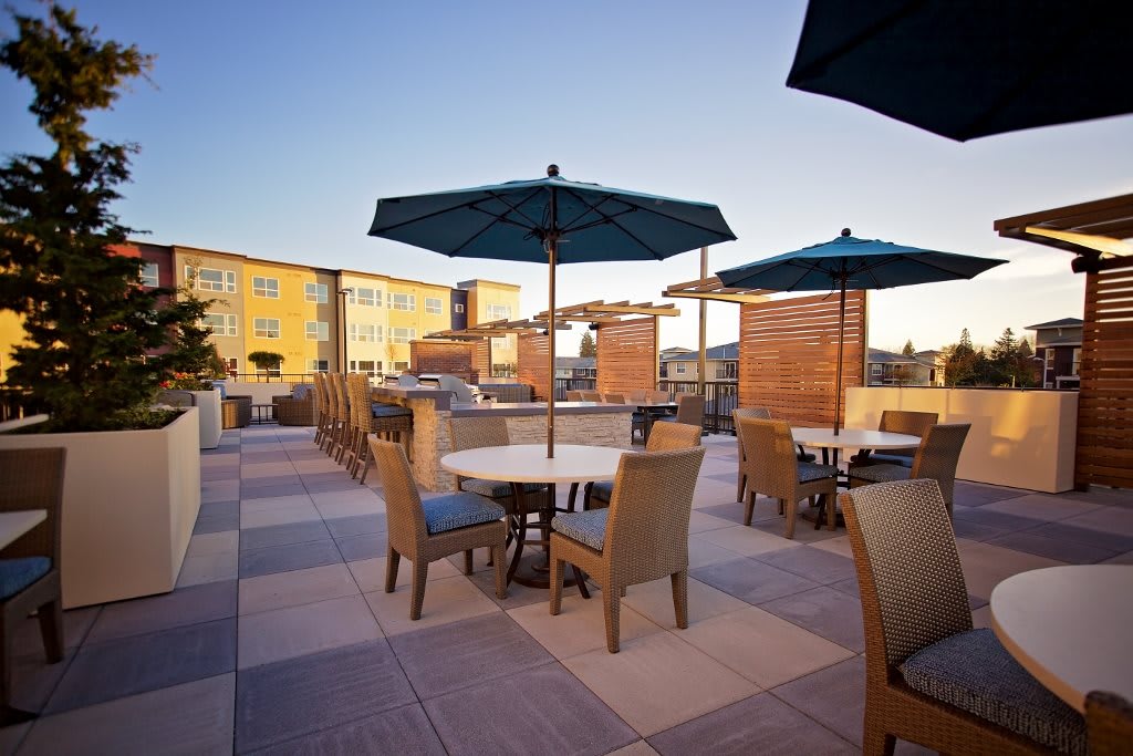 A rooftop patio with tables, chairs, and umbrellas at sunset.