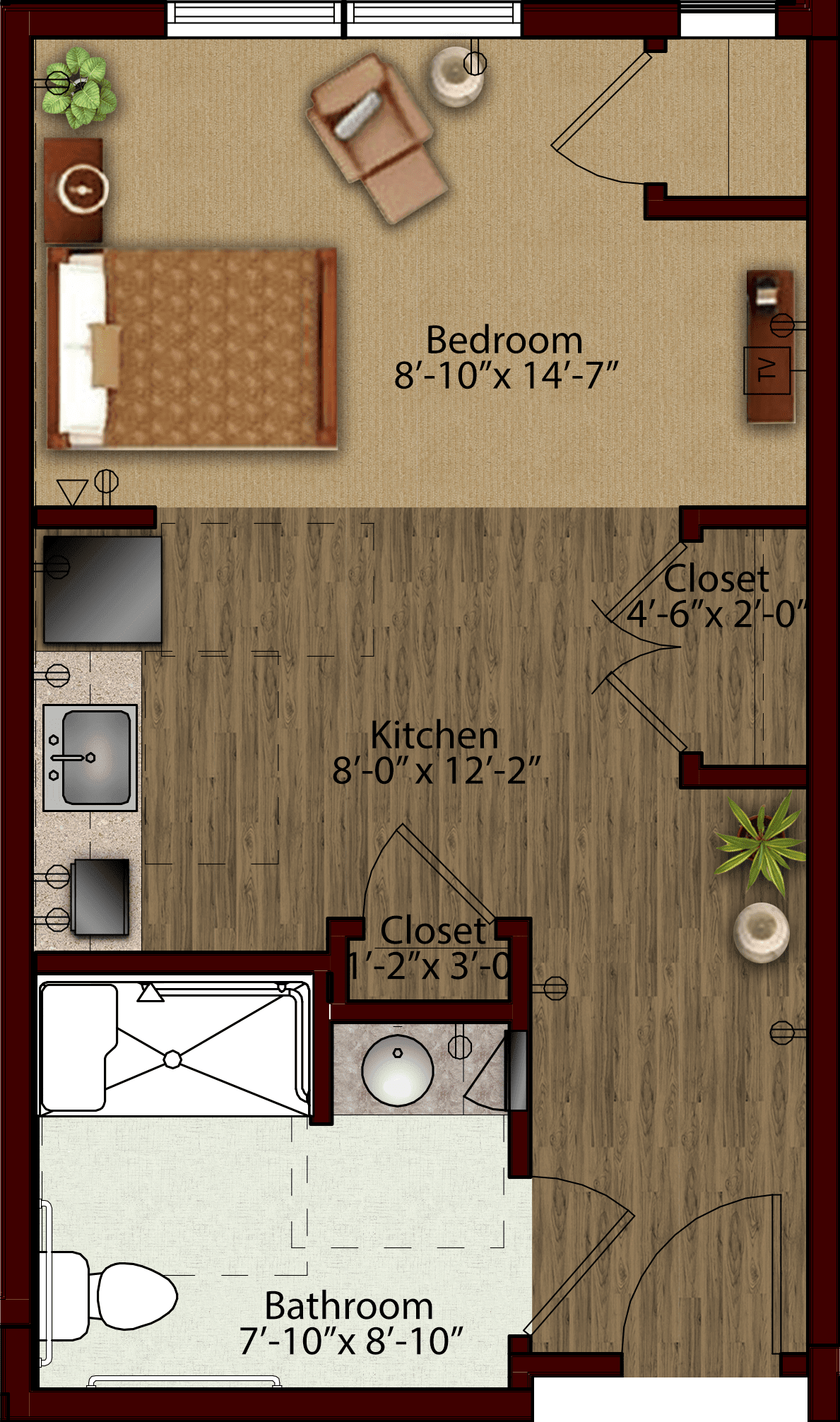 A floor plan of a small apartment featuring a bedroom, kitchen, and closets.