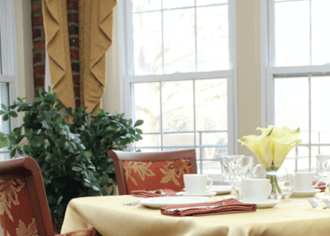 A neatly set dining table near large windows with a plant and flowers for decoration.