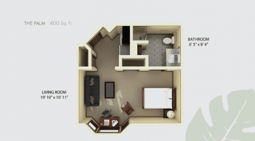 A floor plan of a studio apartment featuring a bedroom, living area, and bathroom.