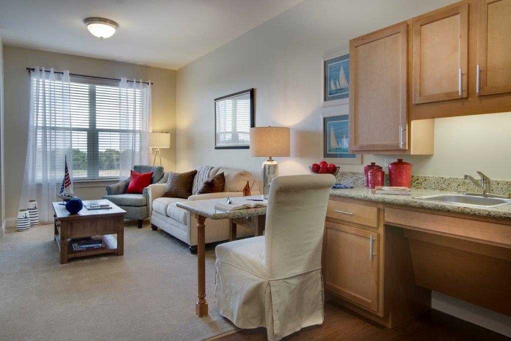 A cozy living space with a small kitchenette and comfortable seating area.