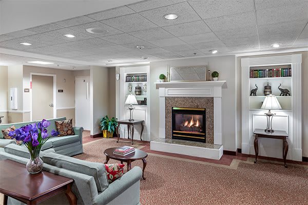 A cozy living room featuring a fireplace, comfortable sofas, and elegant lighting.