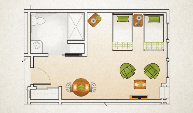 A floor plan illustration showing a compact living space with two beds, a seating area, and a small dining table.