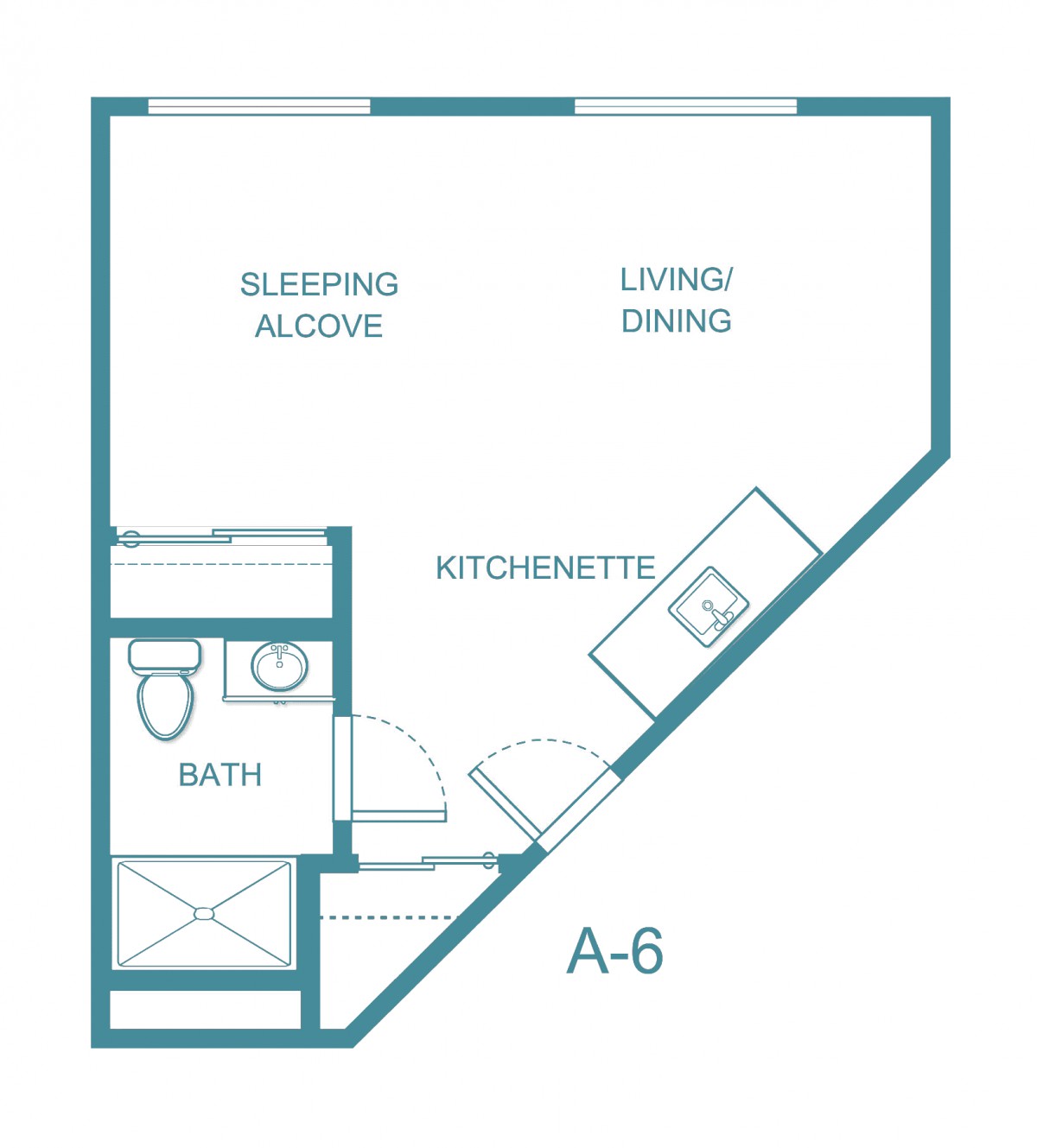Floor plan of a studio apartment with a sleeping alcove and kitchenette.