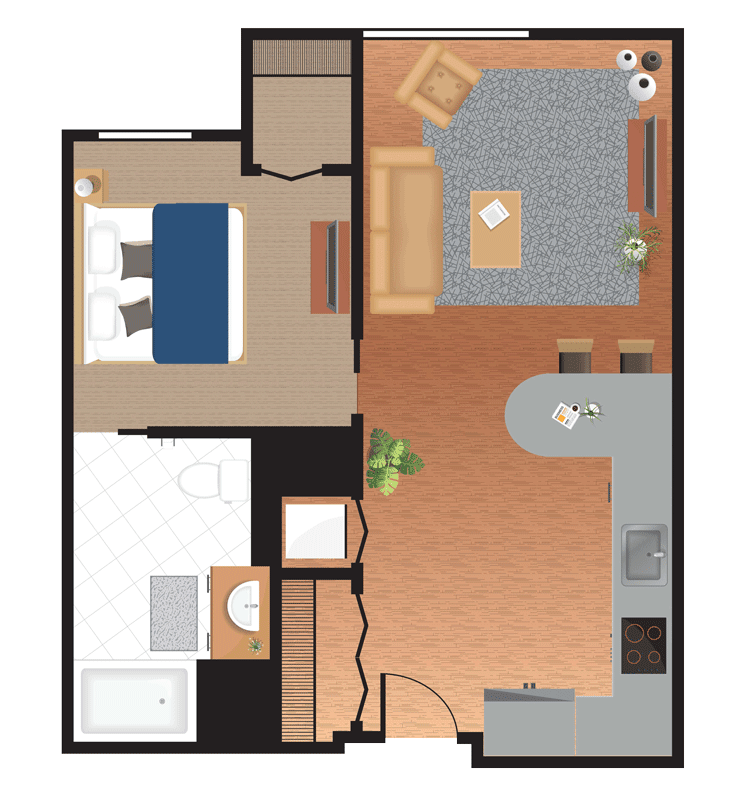 A compact floor plan of a one-bedroom apartment featuring a living room, kitchen, bathroom, and bedroom.
